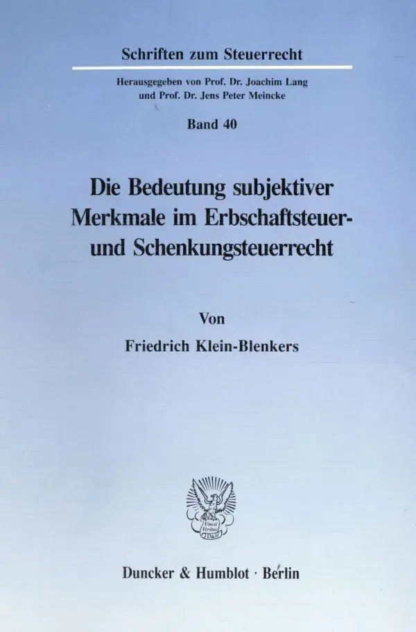 Cover: 9783428072248 | Die Bedeutung subjektiver Merkmale im Erbschaftsteuer- und...