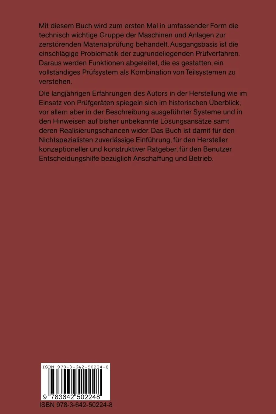 Rückseite: 9783642502248 | Prüfmaschinen und Prüfanlagen | Theodor H. Erismann | Taschenbuch | x