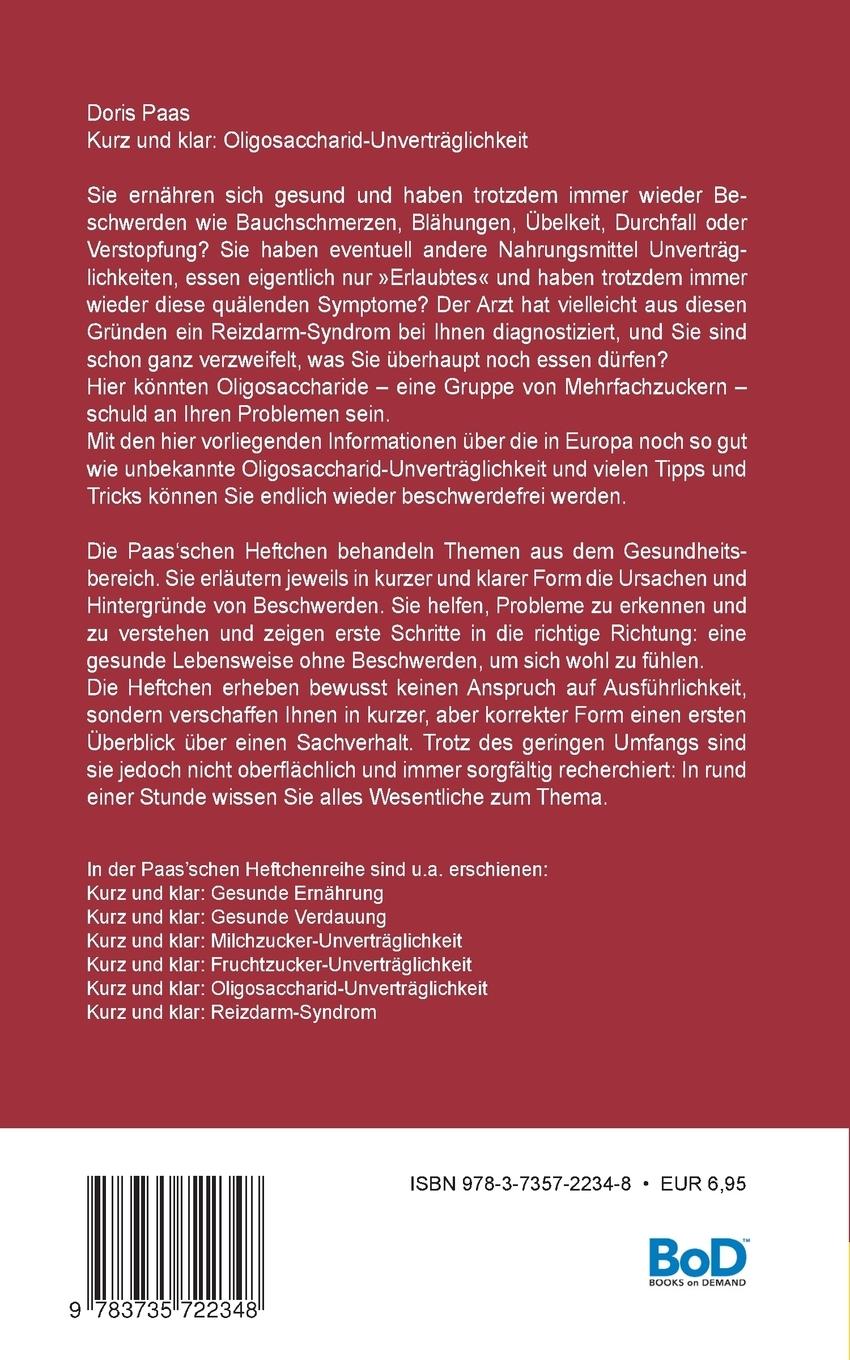 Rückseite: 9783735722348 | Kurz und klar: Oligosaccharid-Unverträglichkeit | Doris Paas | Buch