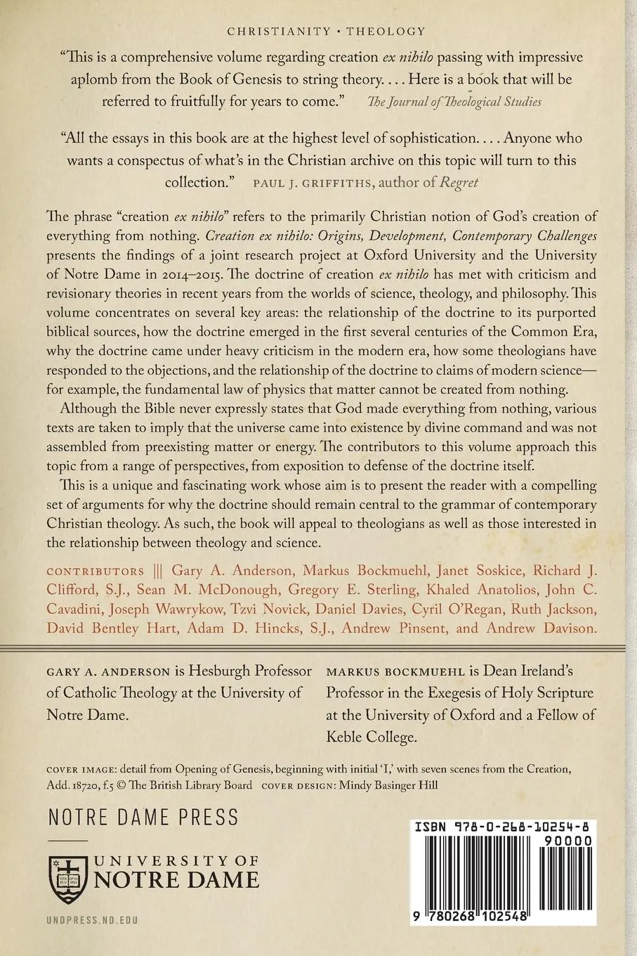Rückseite: 9780268102548 | Creation ex nihilo | Origins, Development, Contemporary Challenges