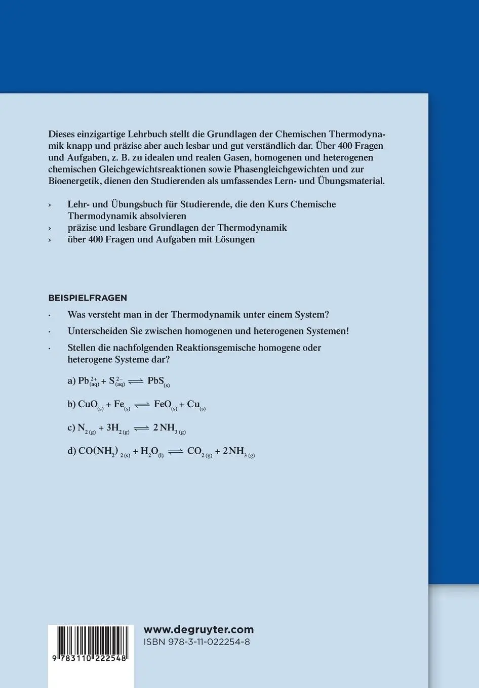 Rückseite: 9783110222548 | Chemische Thermodynamik | Grundlagen, Übungen, Lösungen | Schreiter