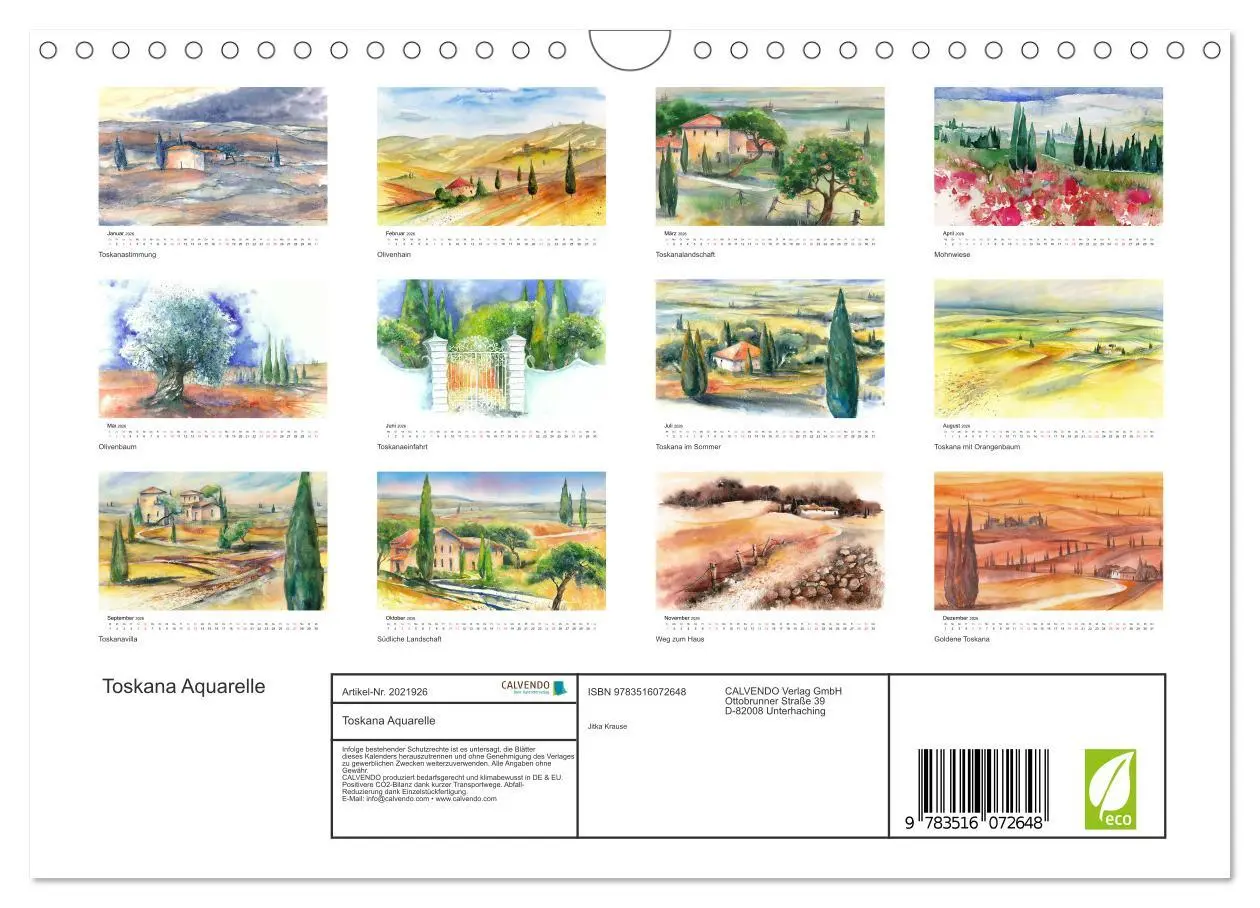 Bild: 9783516072648 | Toskana Aquarelle (Wandkalender 2026 DIN A4 quer), CALVENDO...