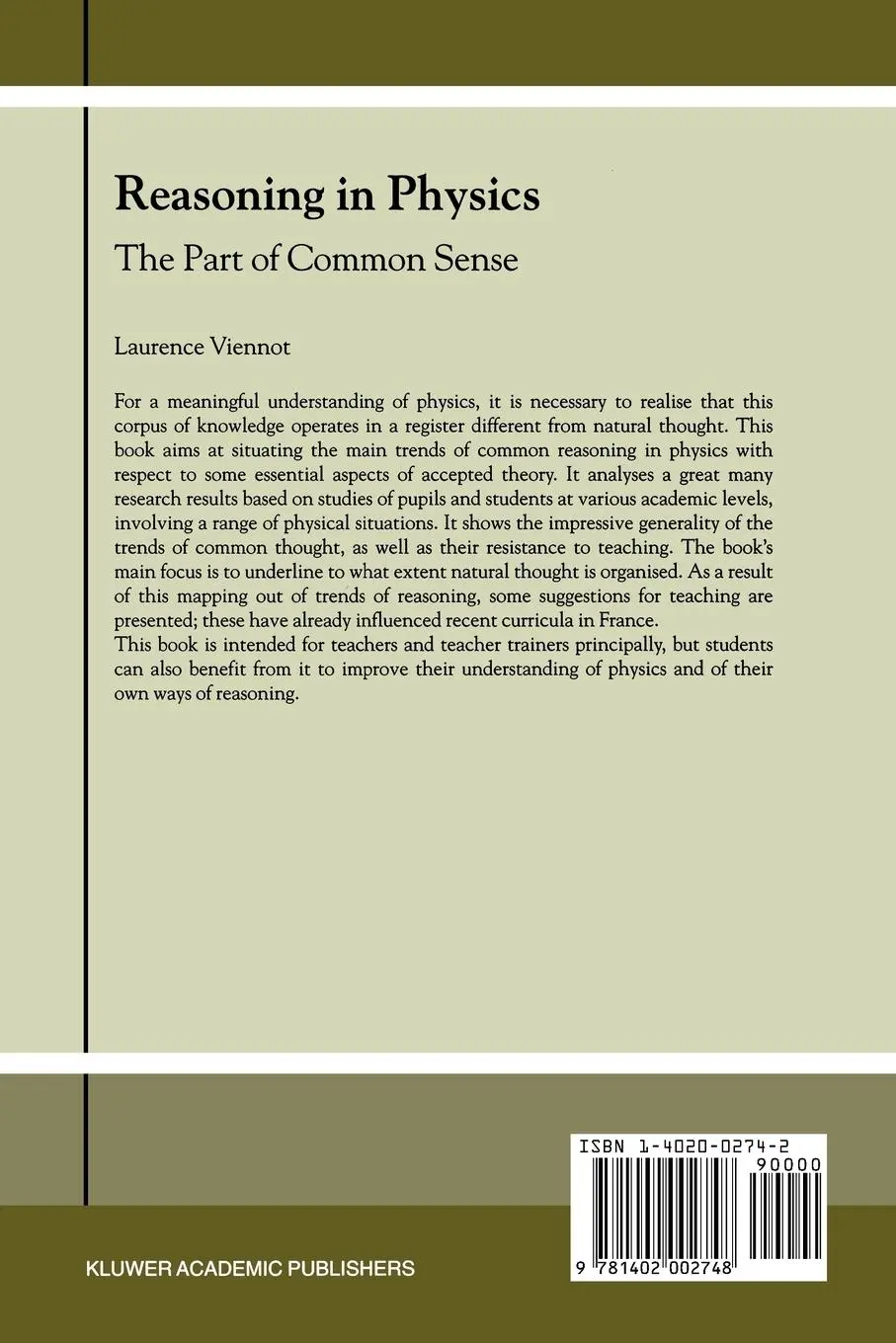 Rückseite: 9781402002748 | Reasoning in Physics | The Part of Common Sense | L. Viennot | Buch