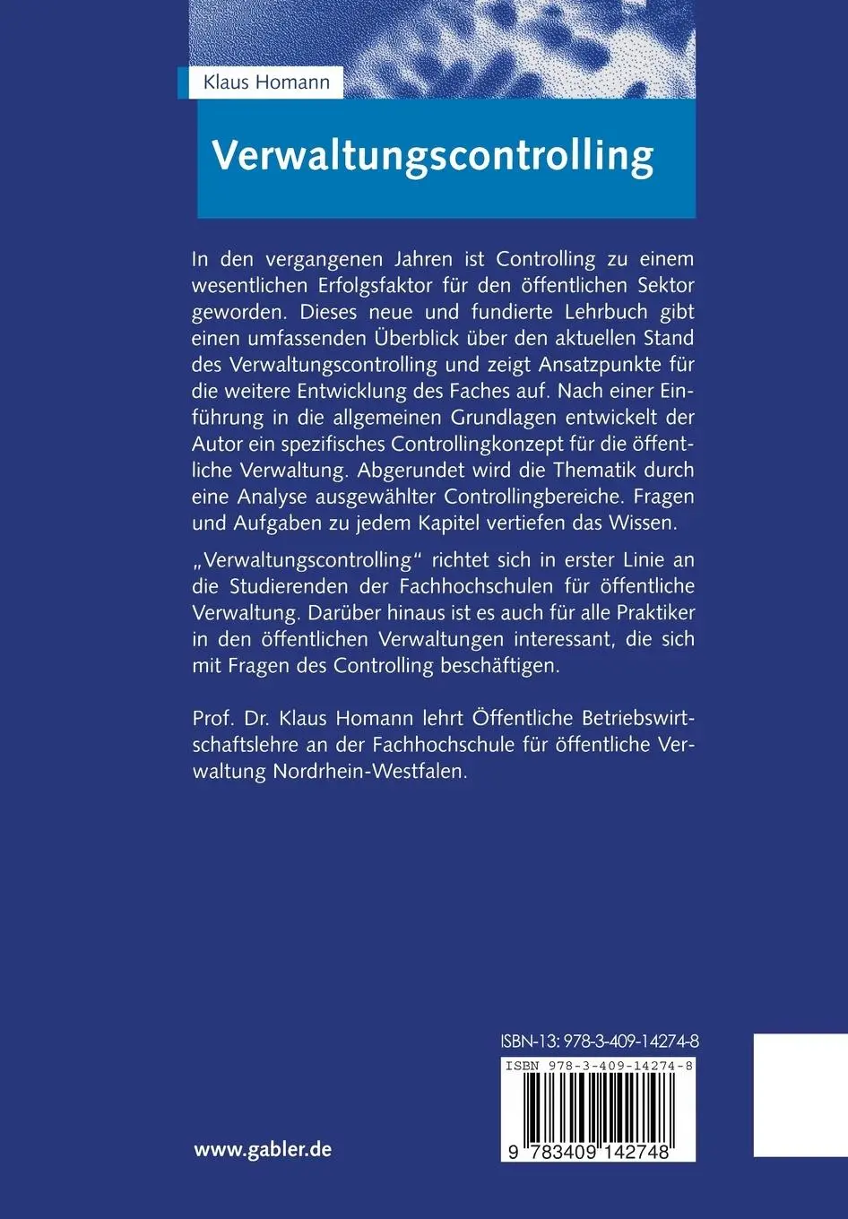 Rückseite: 9783409142748 | Verwaltungscontrolling | Grundlagen - Konzept - Anwendung | Homann