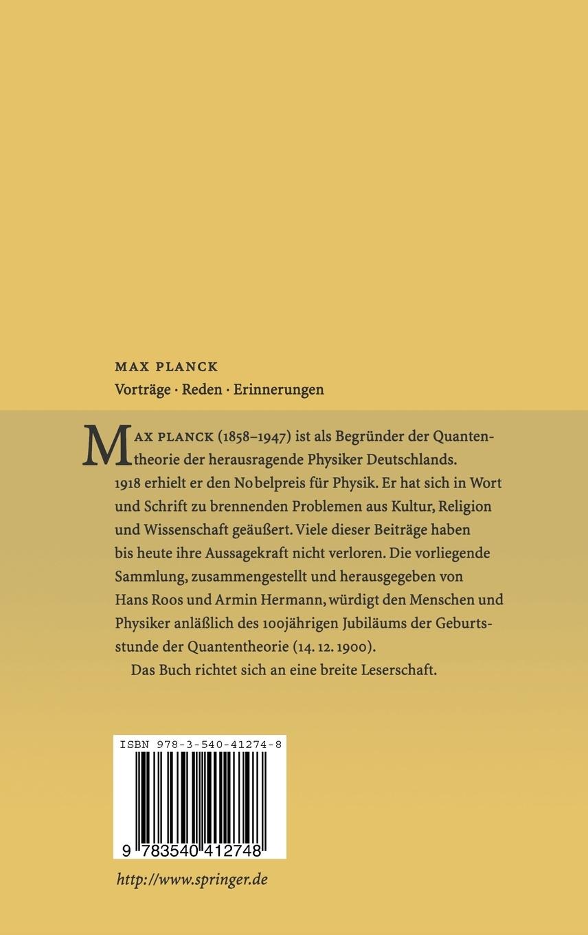 Rückseite: 9783540412748 | Vorträge Reden Erinnerungen | Max Planck | Buch | ix | Deutsch | 2001