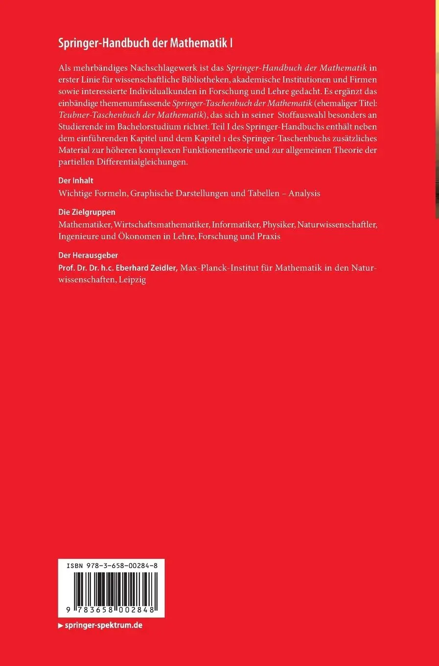 Rückseite: 9783658002848 | Springer-Handbuch der Mathematik I | Eberhard Zeidler | Buch | xii