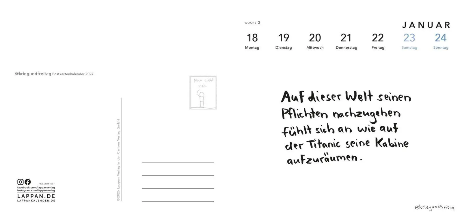 Bild: 9783830322948 | kriegundfreitag: Postkartenkalender 2027 | @Kriegundfreitag | Kalender