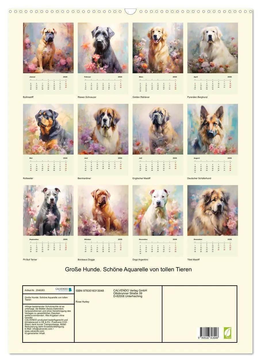 Bild: 9783516313048 | Große Hunde. Schöne Aquarelle von tollen Tieren (Wandkalender 2026...