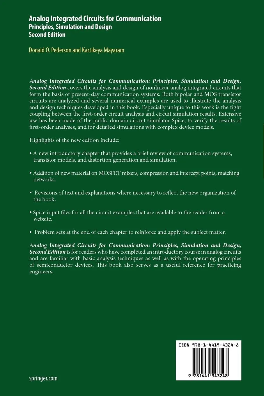 Rückseite: 9781441943248 | Analog Integrated Circuits for Communication | Mayaram (u. a.) | Buch