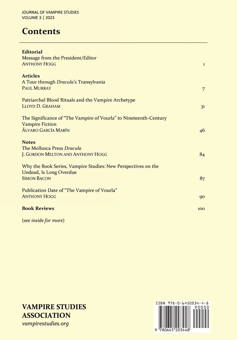 Rückseite: 9780645203448 | Journal of Vampire Studies | Vol. 3 (2023) | Anthony Hogg (u. a.)