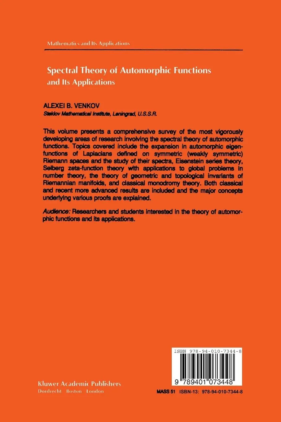 Rückseite: 9789401073448 | Spectral Theory of Automorphic Functions | and Its Applications | Buch