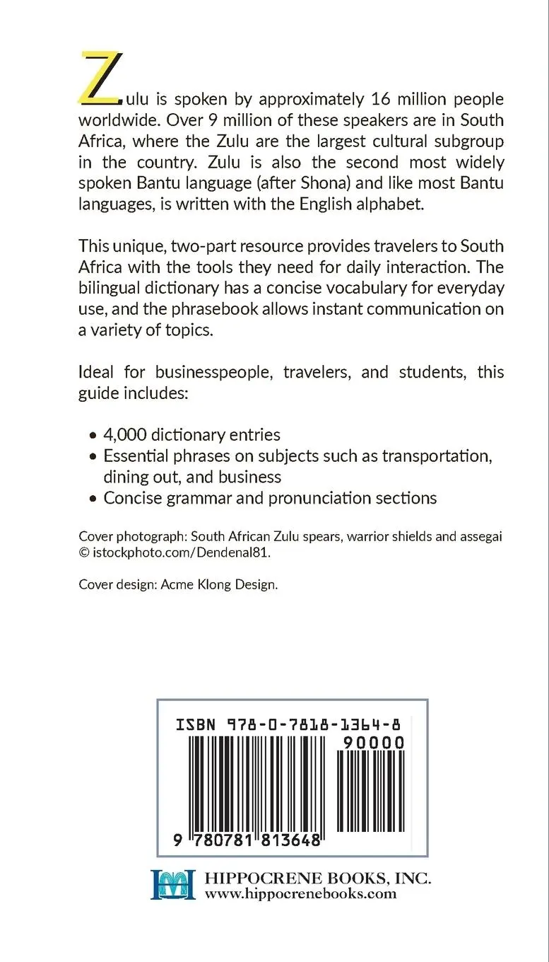 Rückseite: 9780781813648 | Zulu-English/ English-Zulu Dictionary &amp; Phrasebook | Ndebele | Buch