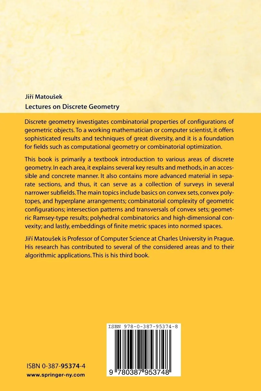 Rückseite: 9780387953748 | Lectures on Discrete Geometry | Jiri Matousek | Taschenbuch | xvi