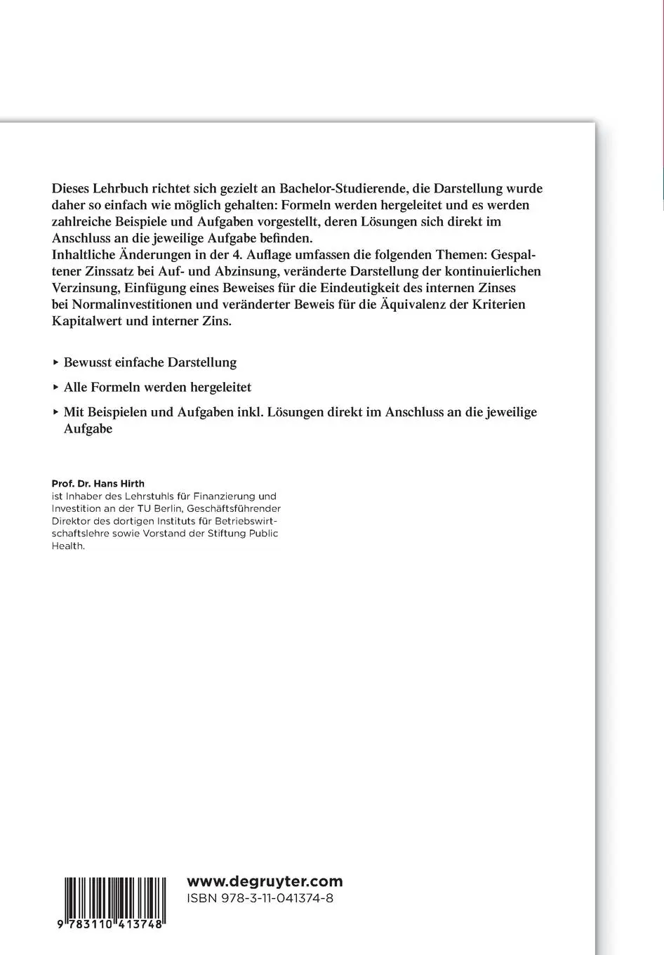 Rückseite: 9783110413748 | Grundzüge der Finanzierung und Investition | Hans Hirth | Taschenbuch