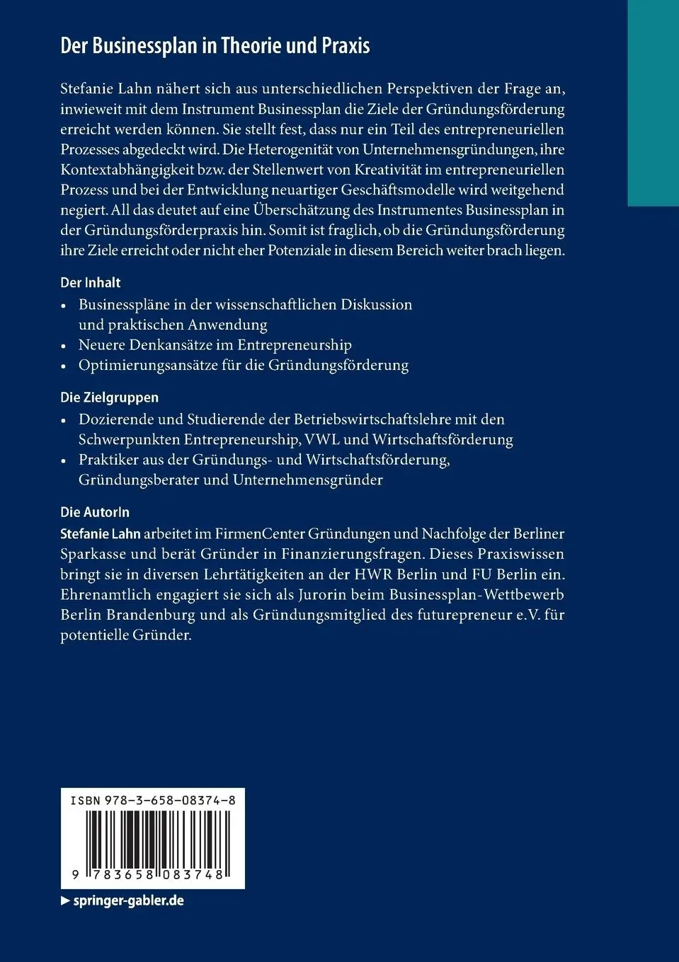 Rückseite: 9783658083748 | Der Businessplan in Theorie und Praxis | Stefanie Lahn | Taschenbuch
