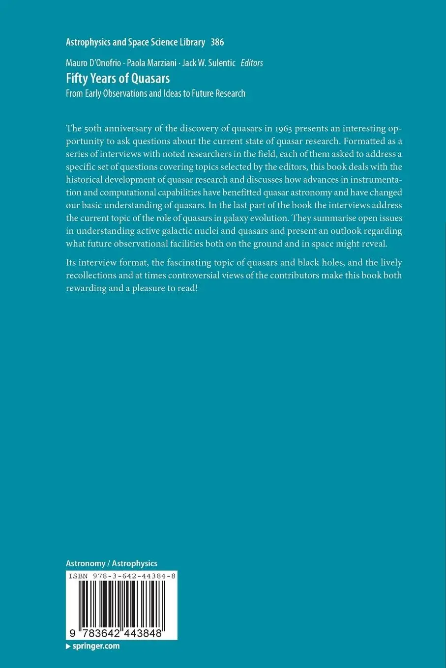 Rückseite: 9783642443848 | Fifty Years of Quasars | Mauro D'Onofrio (u. a.) | Taschenbuch | xxxii