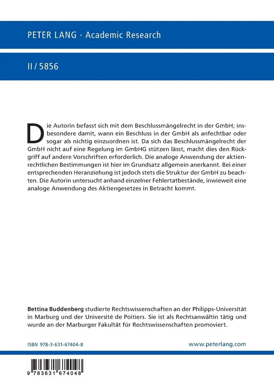 Rückseite: 9783631674048 | Nichtigkeits- und Anfechtungsgründe bei GmbH-Beschlüssen | Buddenberg