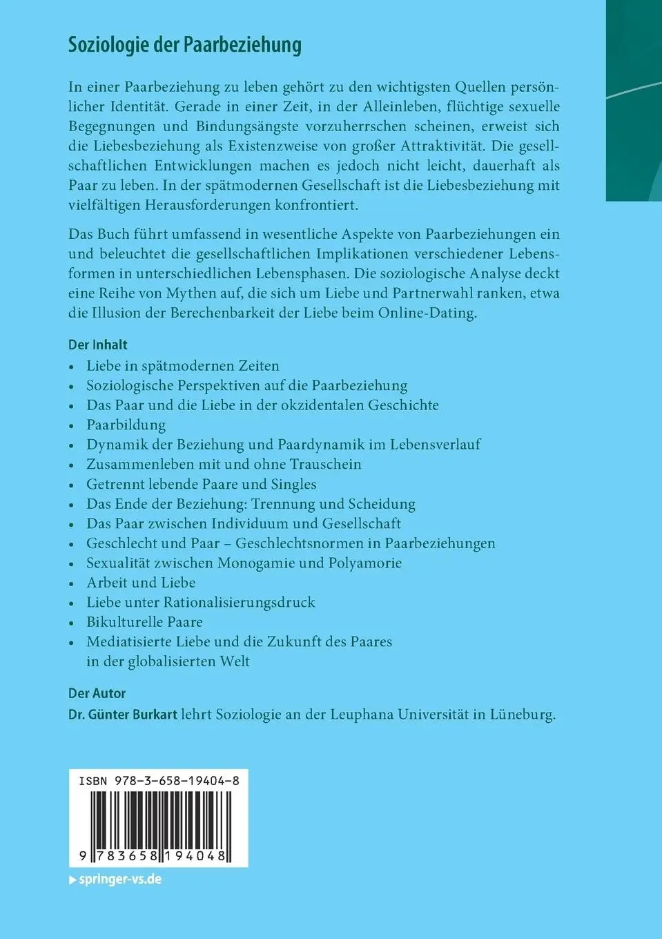 Rückseite: 9783658194048 | Soziologie der Paarbeziehung | Eine Einführung | Günter Burkart | Buch