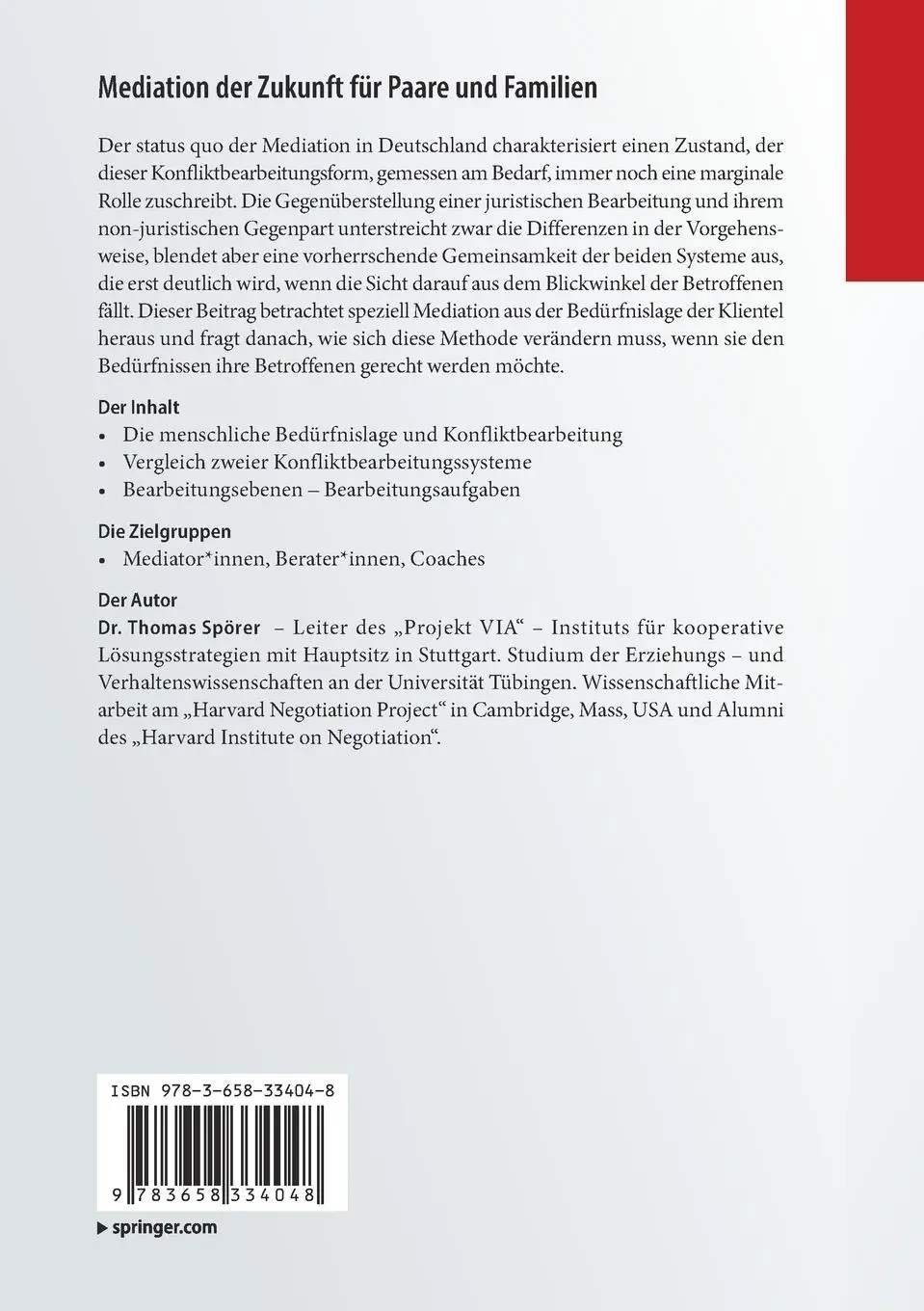 Rückseite: 9783658334048 | Mediation der Zukunft für Paare und Familien | Thomas Spörer | Buch