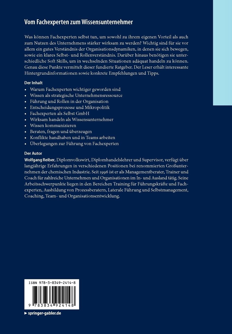 Rückseite: 9783834924148 | Vom Fachexperten zum Wissensunternehmer | Wolfgang Reiber | Buch