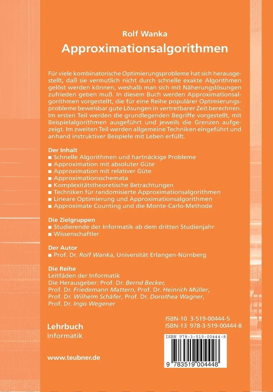 Rückseite: 9783519004448 | Approximationsalgorithmen | Eine Einführung | Rolf Wanka | Taschenbuch