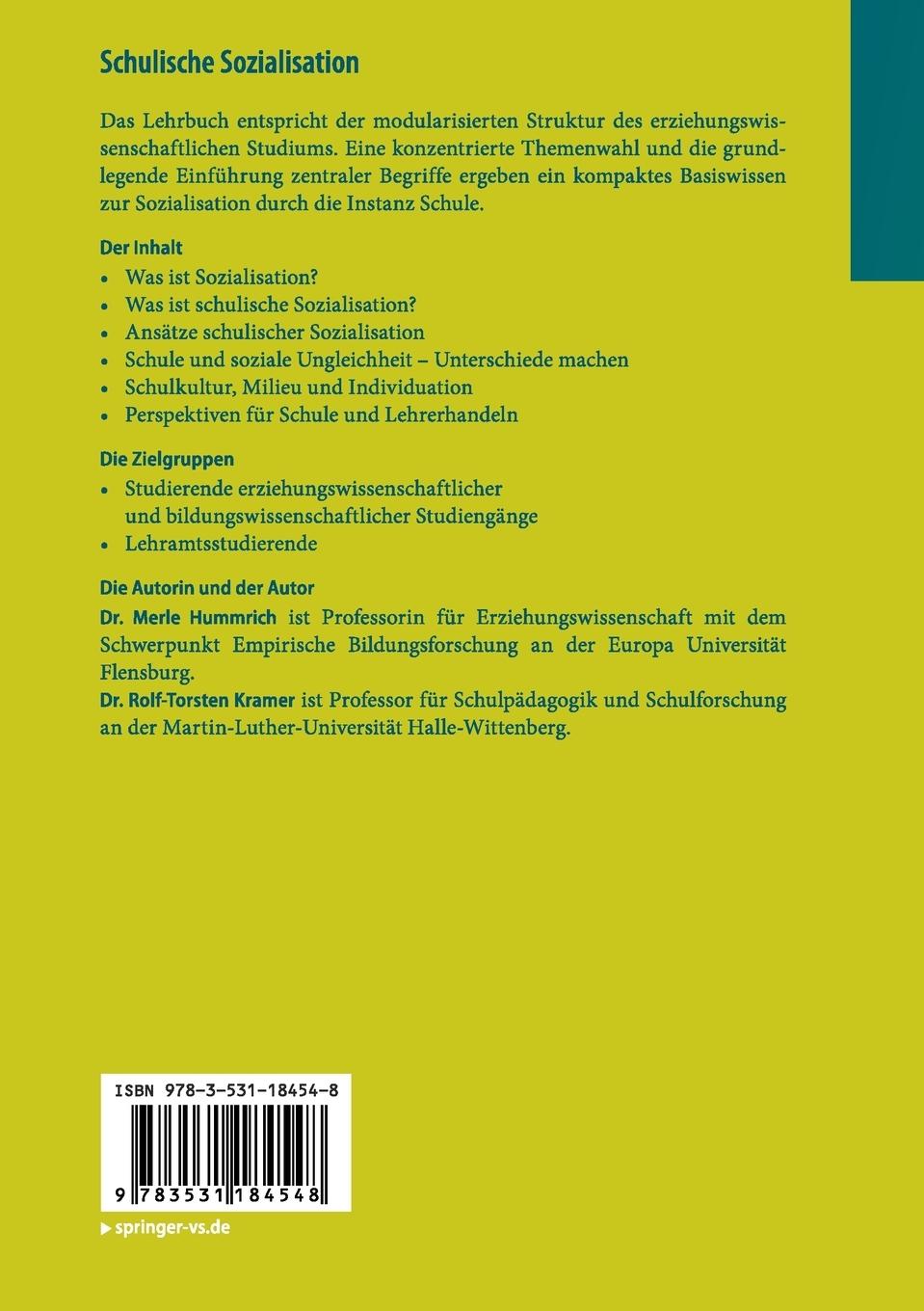 Rückseite: 9783531184548 | Schulische Sozialisation | Rolf-Torsten Kramer (u. a.) | Taschenbuch