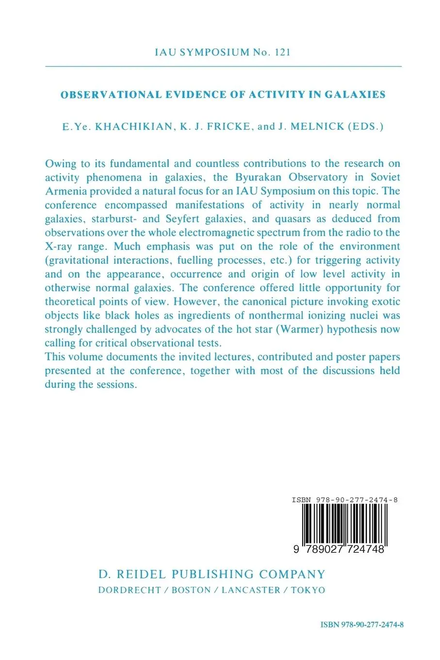 Rückseite: 9789027724748 | Observational Evidence of Activity in Galaxies | Khachikian (u. a.)