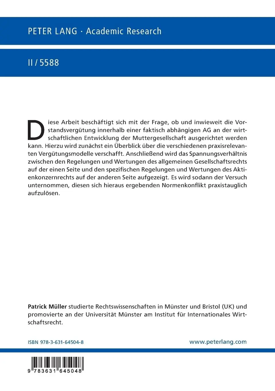 Rückseite: 9783631645048 | Die aktienrechtliche Zulässigkeit variabler Vorstandsvergütungen...