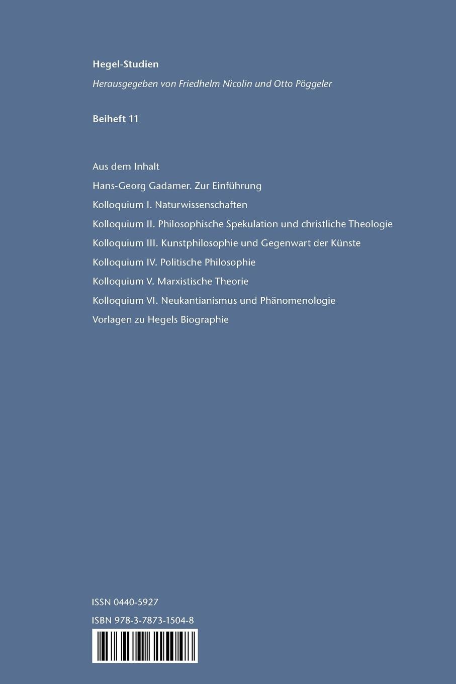 Rückseite: 9783787315048 | Stuttgarter Hegel-Tage | Hans G Gadamer | Taschenbuch | 696 S. | 1983