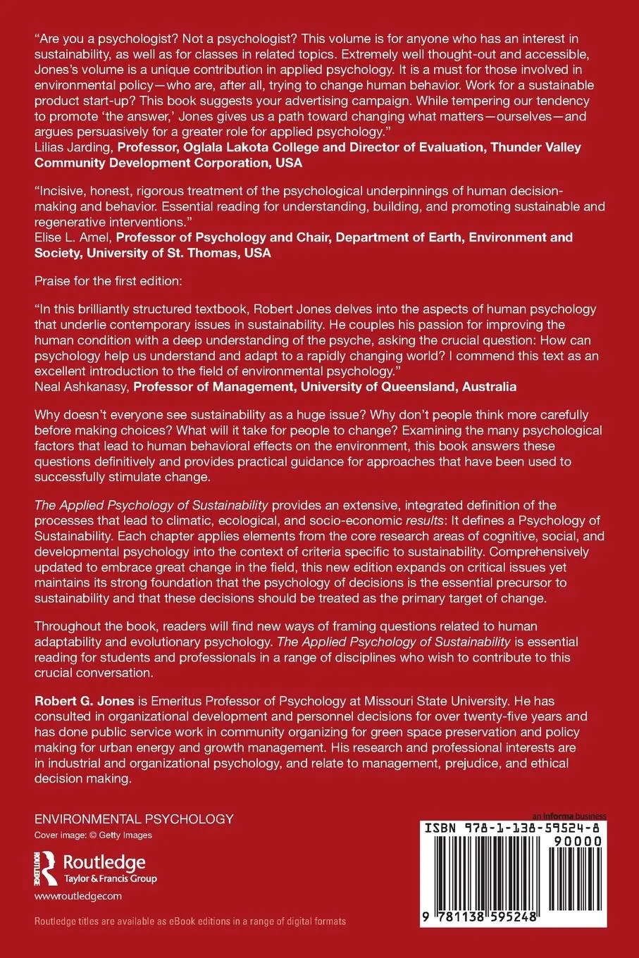 Rückseite: 9781138595248 | The Applied Psychology of Sustainability | Robert G. Jones | Buch
