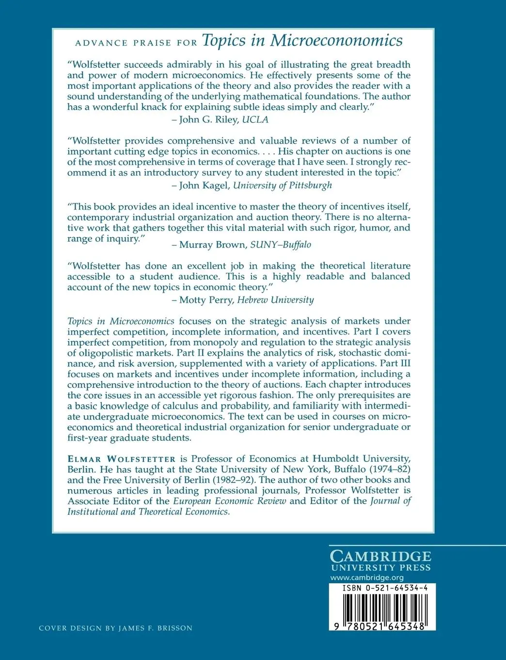Rückseite: 9780521645348 | Topics in Microeconomics | Elmar Wolfstetter | Taschenbuch | 370 S.