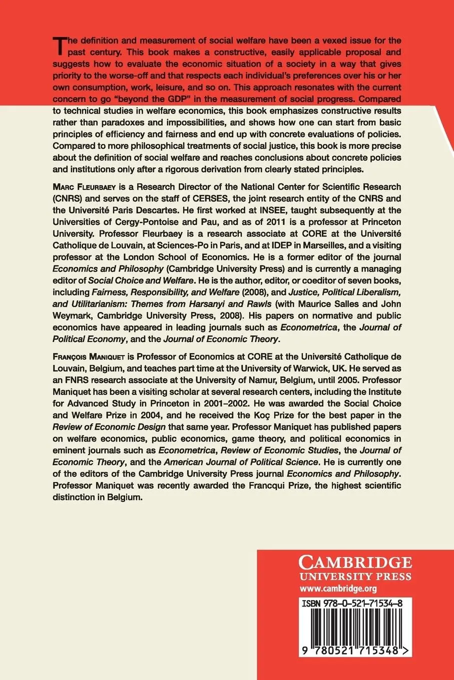 Rückseite: 9780521715348 | A Theory of Fairness and Social Welfare | Marc Fleurbaey (u. a.)