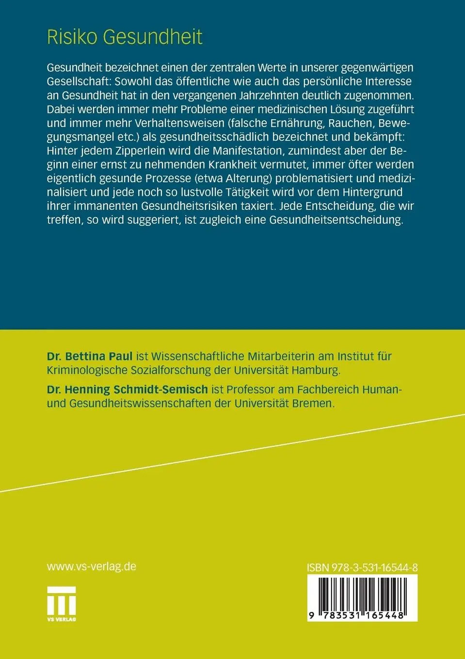 Rückseite: 9783531165448 | Risiko Gesundheit | Henning Schmidt-Semisch (u. a.) | Taschenbuch