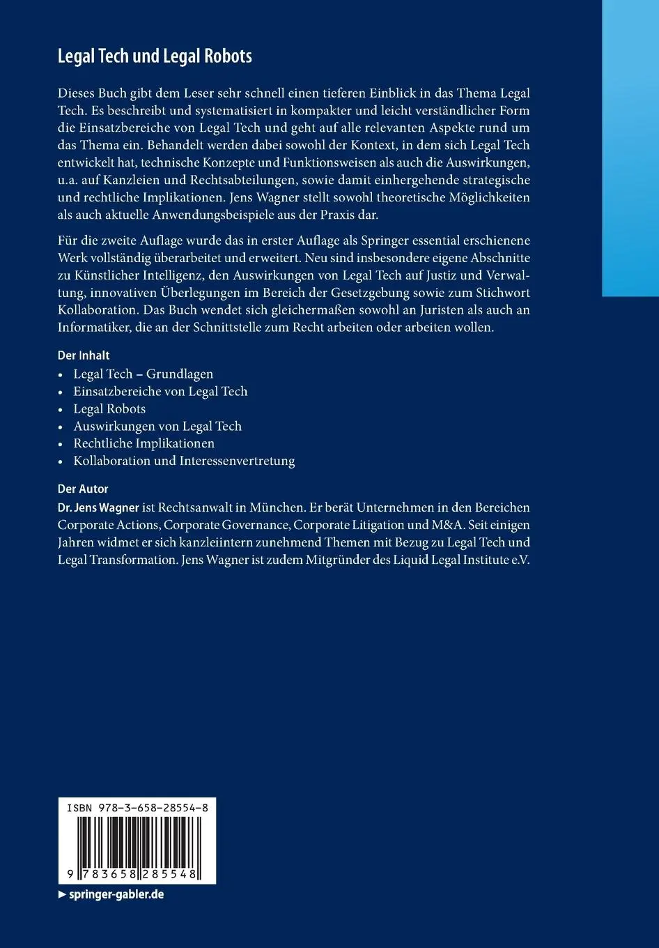 Rückseite: 9783658285548 | Legal Tech und Legal Robots | Jens Wagner | Taschenbuch | xi | Deutsch
