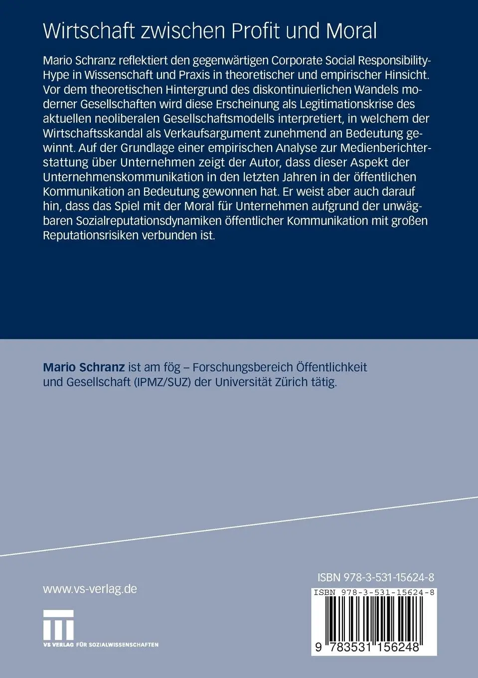 Rückseite: 9783531156248 | Wirtschaft zwischen Profit und Moral | Mario Schranz | Taschenbuch | x