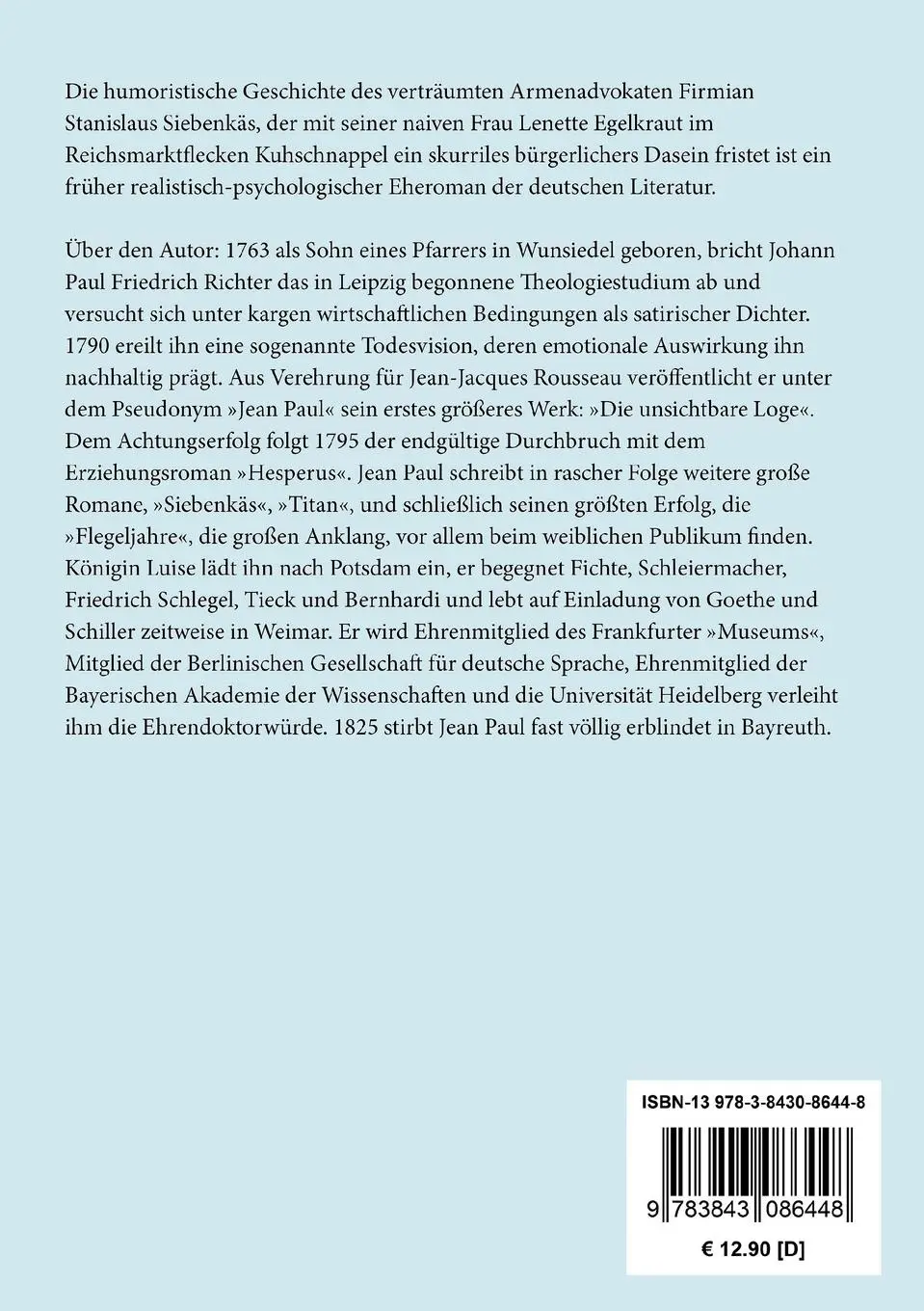 Rückseite: 9783843086448 | Siebenkäs | Jean Paul | Taschenbuch | 492 S. | Deutsch | 2016