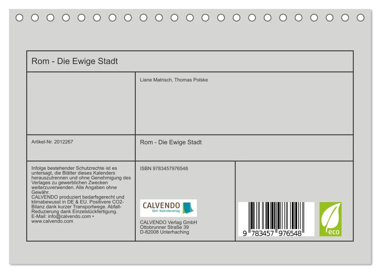 Bild: 9783457976548 | Rom - Die Ewige Stadt (Tischkalender 2026 DIN A5 quer), CALVENDO...