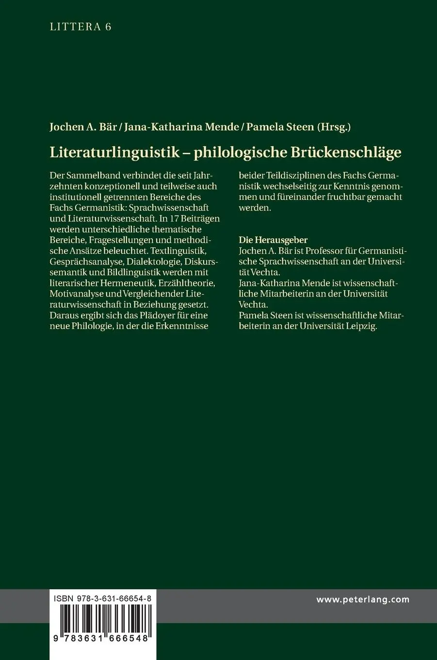 Rückseite: 9783631666548 | Literaturlinguistik - philologische Brückenschläge | Bär (u. a.)