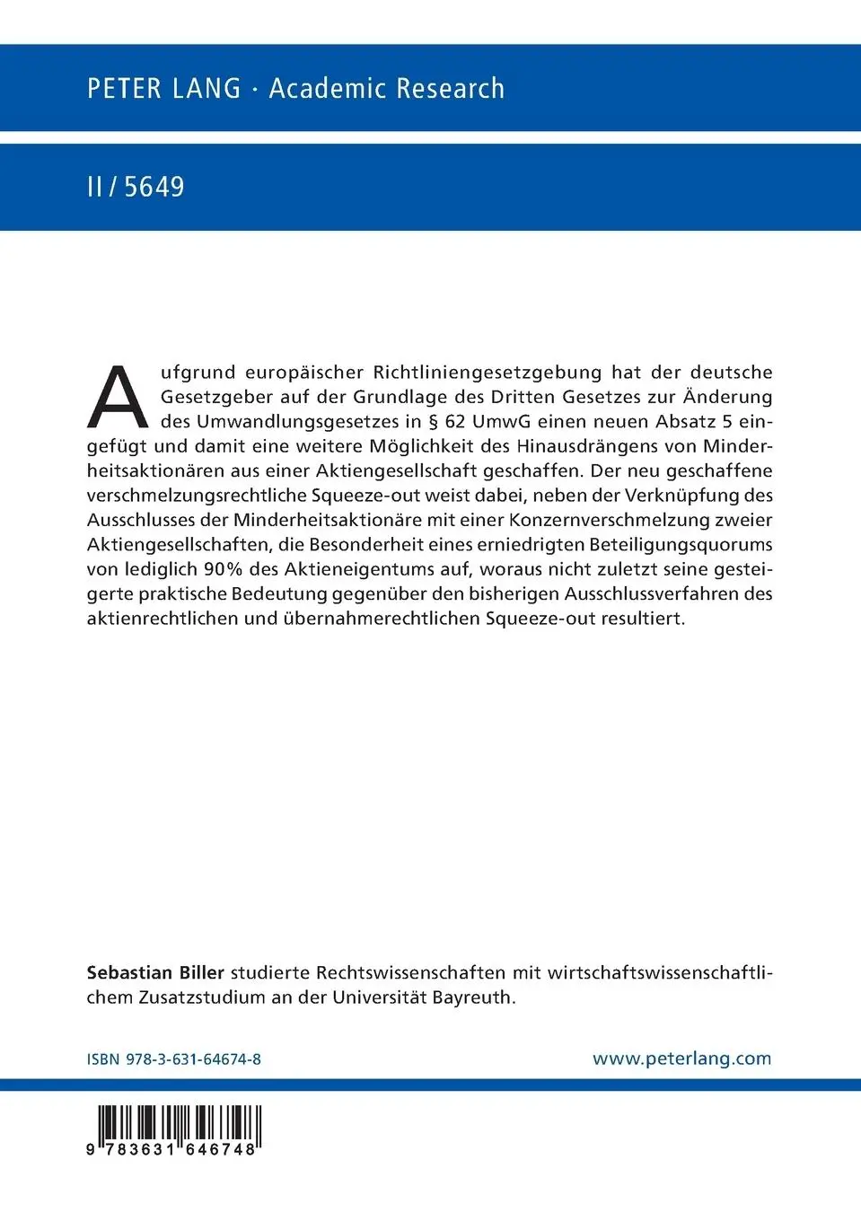 Rückseite: 9783631646748 | Der Transaktionsprozess des verschmelzungsrechtlichen Squeeze-out...