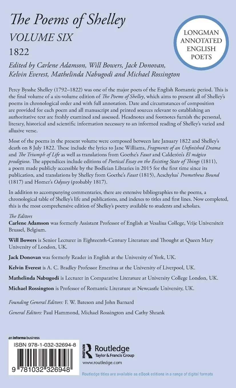Rückseite: 9781032326948 | The Poems of Shelley | Volume Six: 1822 | Carlene Adamson (u. a.)