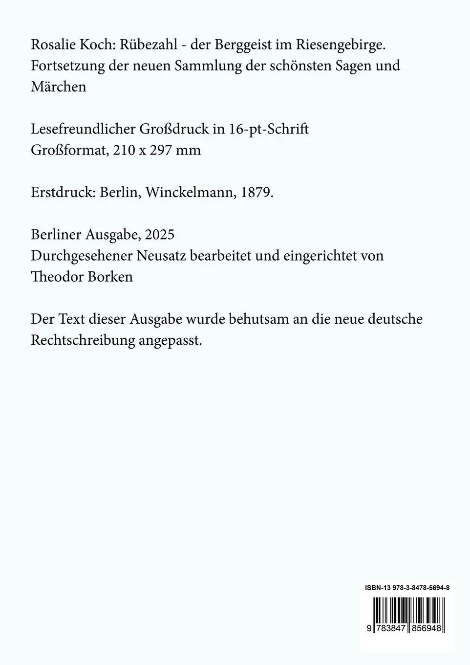 Rückseite: 9783847856948 | Rübezahl - der Berggeist im Riesengebirge (Großdruck) | Rosalie Koch