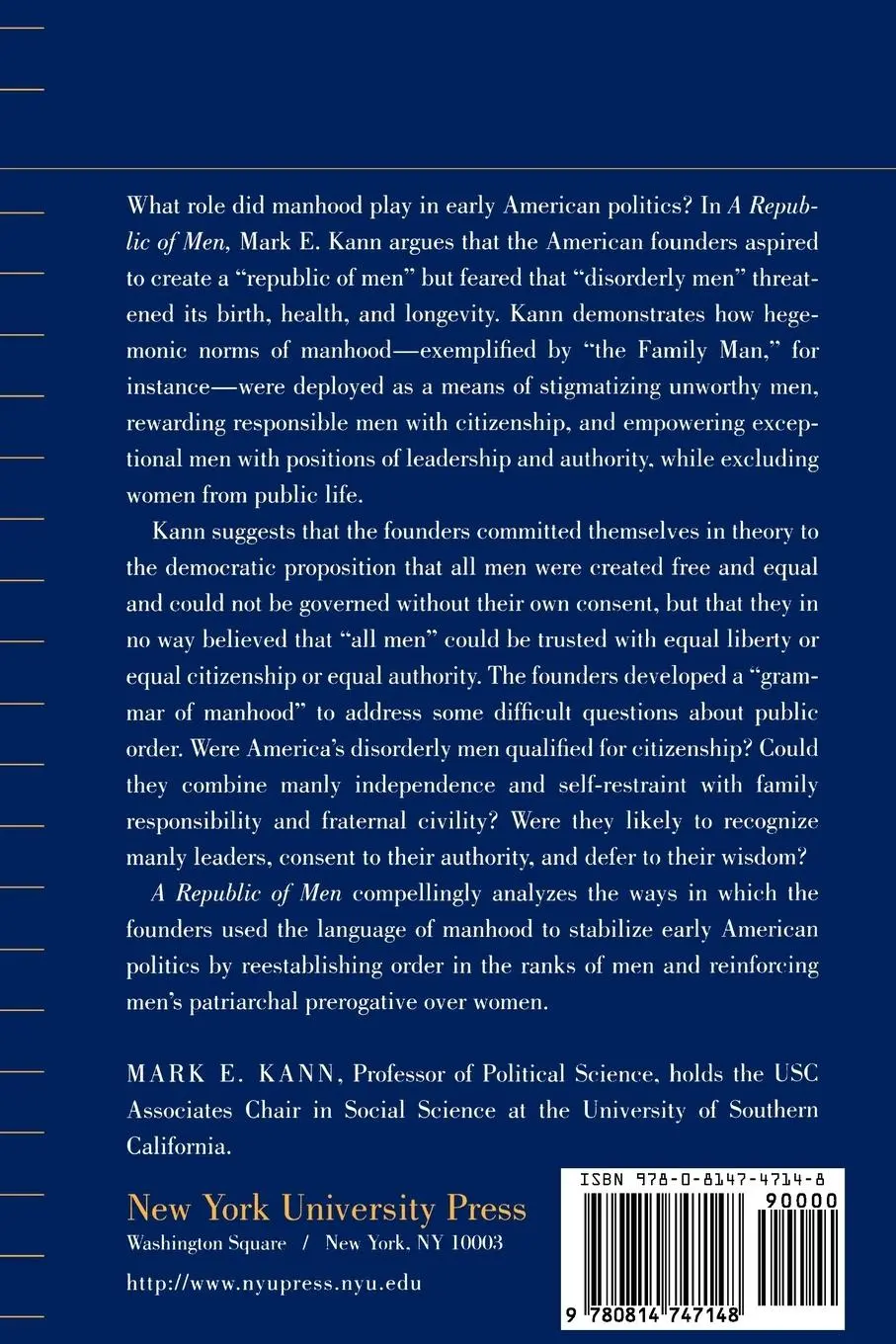 Rückseite: 9780814747148 | A Republic of Men | Mark E Kann | Taschenbuch | Englisch | 1998