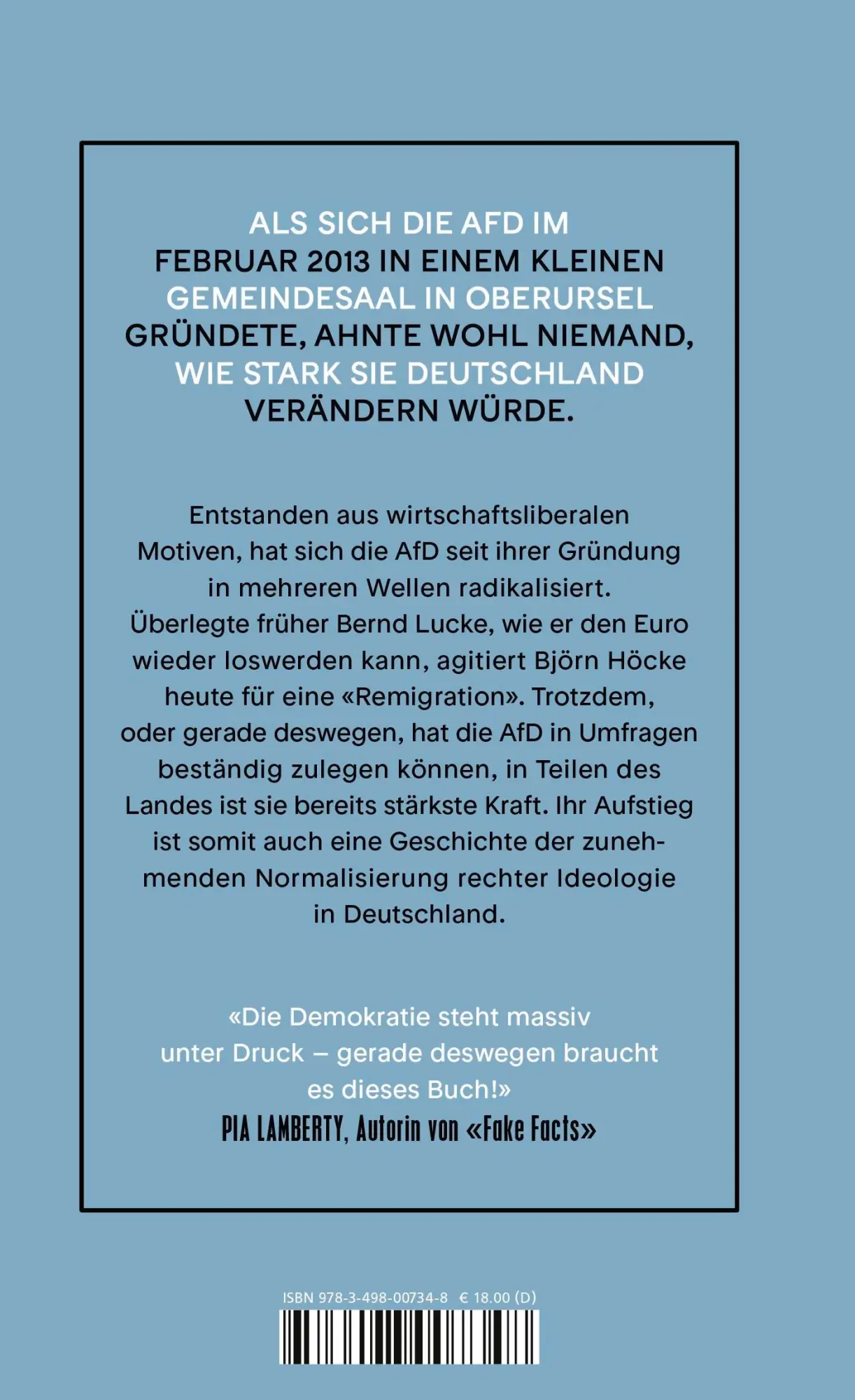 Rückseite: 9783498007348 | Eine kurze Geschichte der AfD | Eva Kienholz | Buch | 272 S. | Deutsch