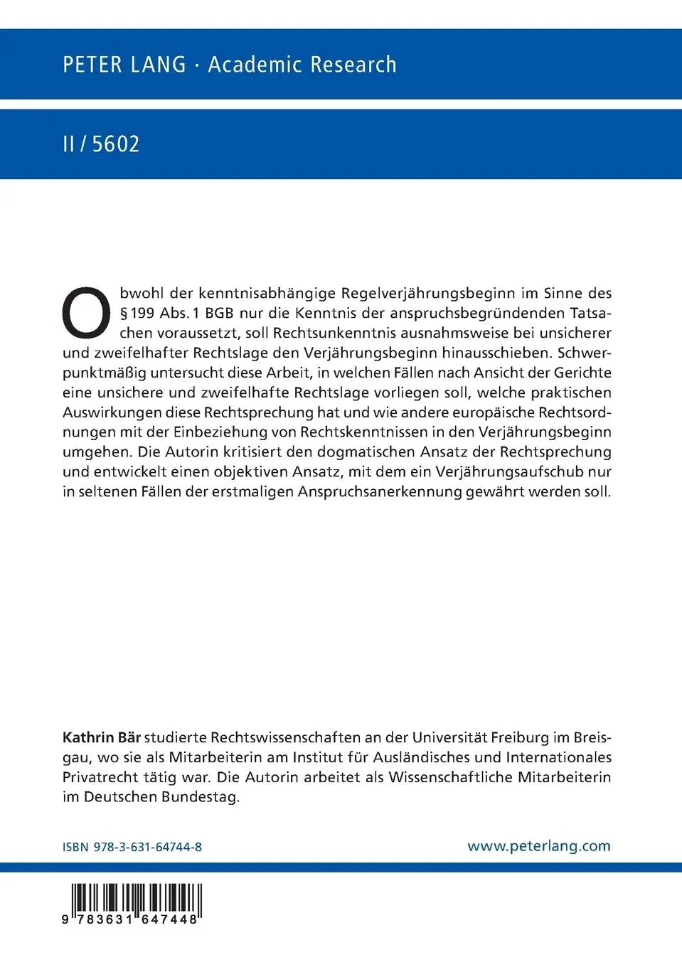 Rückseite: 9783631647448 | Die Verjährung von Ansprüchen bei unsicherer und zweifelhafter...