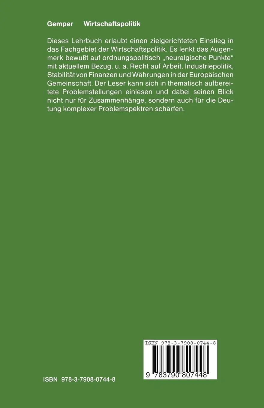 Rückseite: 9783790807448 | Wirtschaftspolitik | Ordnungspolitische Grundlagen | Bodo B. Gemper