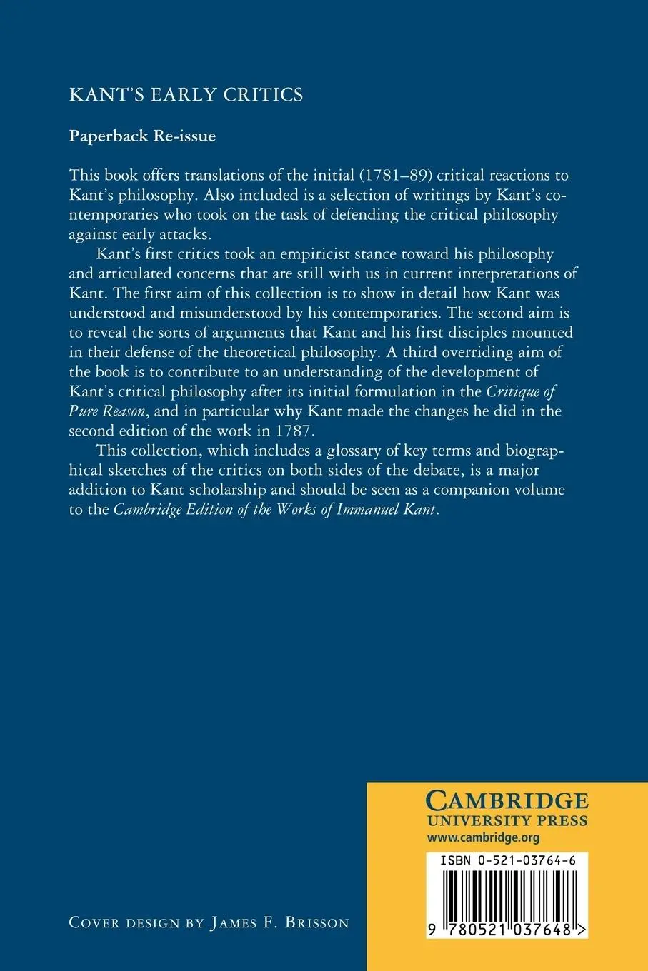 Rückseite: 9780521037648 | Kant's Early Critics | Brigitte Sassen (u. a.) | Taschenbuch | 2007