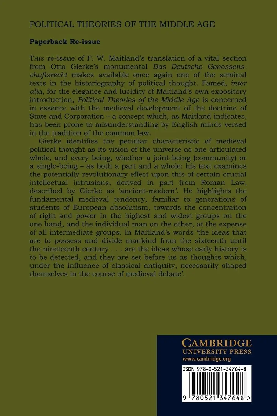 Rückseite: 9780521347648 | Political Theories of the Middle Age | Otto Gierke | Taschenbuch