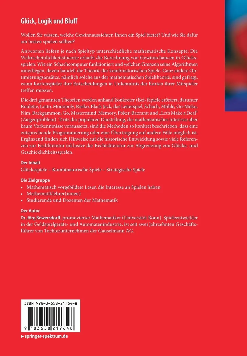 Rückseite: 9783658217648 | Glück, Logik und Bluff | Jörg Bewersdorff | Taschenbuch | XVI | 2018