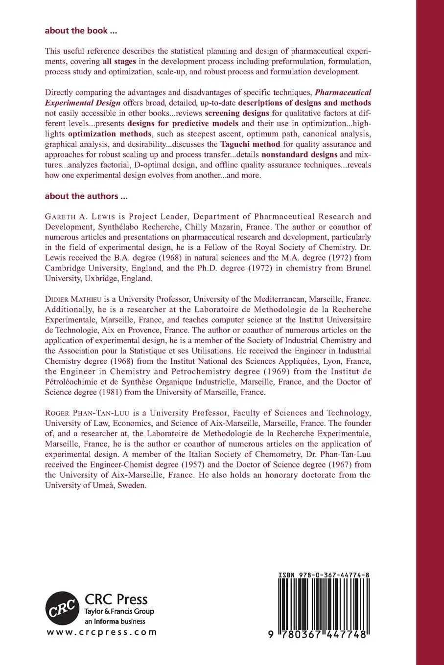 Rückseite: 9780367447748 | Pharmaceutical Experimental Design | Gareth A. Lewis (u. a.) | Buch