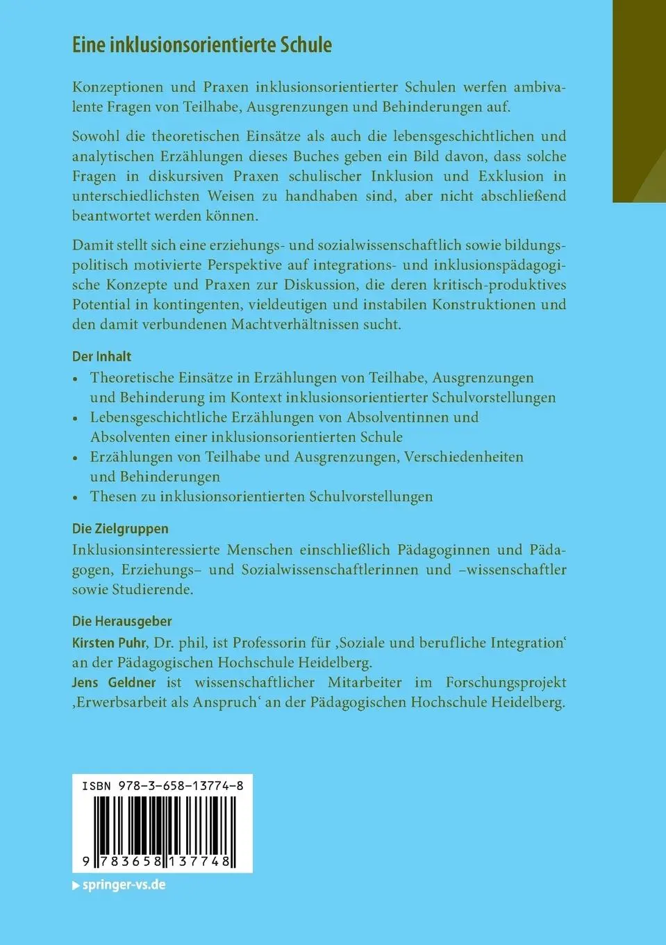 Rückseite: 9783658137748 | Eine inklusionsorientierte Schule | Jens Geldner (u. a.) | Taschenbuch